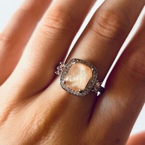 Elegant Silver and White Gemstone Ring, Faux Pink Lab Made Opal Sterling Silver